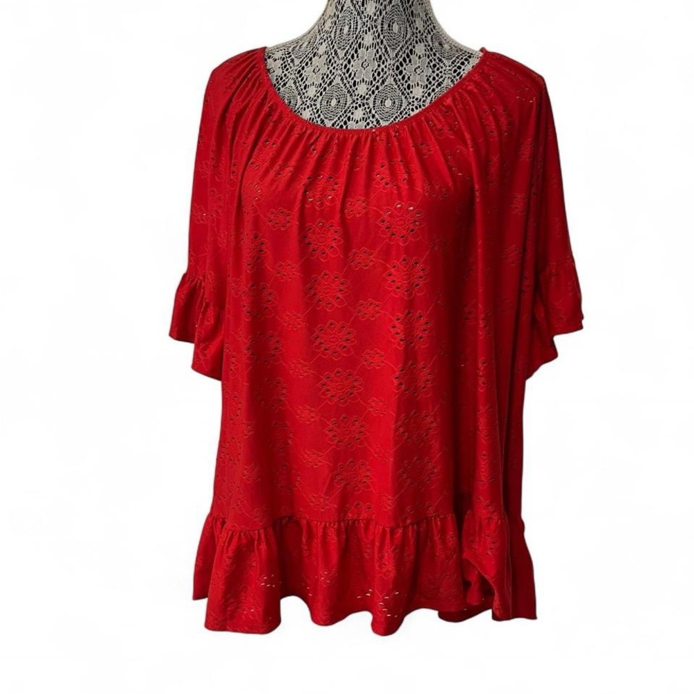 Perseption Red Eyelet Ruffle-Hem Peasant Tunic